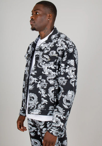 All-Over Dragon Print Oversized Black Denim Trucker Jacket