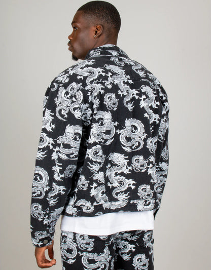 All-Over Dragon Print Oversized Black Denim Trucker Jacket